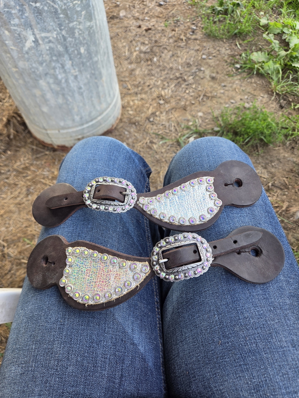 Iridescent Pink Rhinestone Leather Spur Straps - Brown Leather